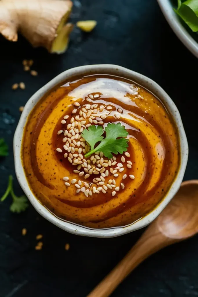 A bowl of sesame ginger dressing with a golden hue, garnished with sesame seeds and fresh ginger slices.