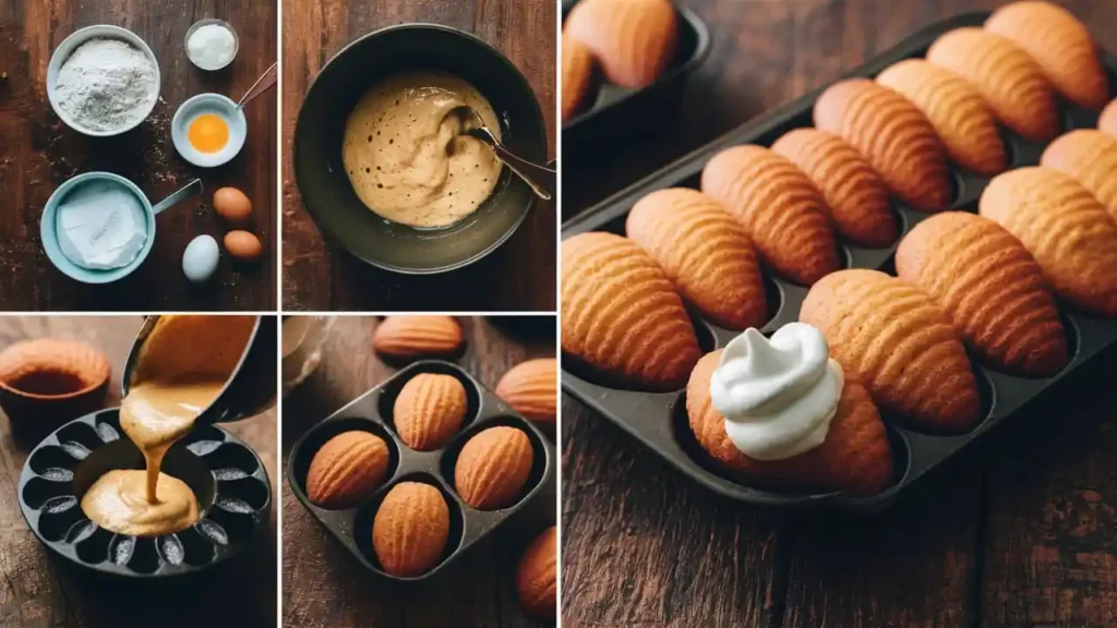 Step-by-step process of making Madeleine cookies with cream, from ingredients to final baked treats.