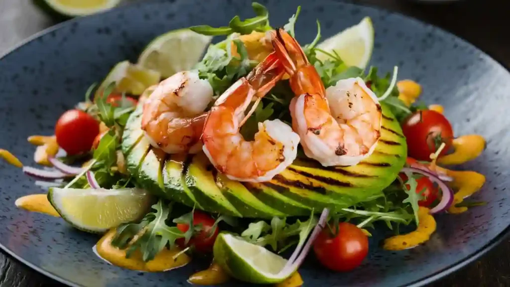 Grilled shrimp served in avocado halves with fresh herbs and vegetables.