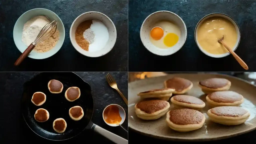 Step-by-step mini pancake instructions shown with batter mixing, cooking on a skillet, and flipping to golden perfection.