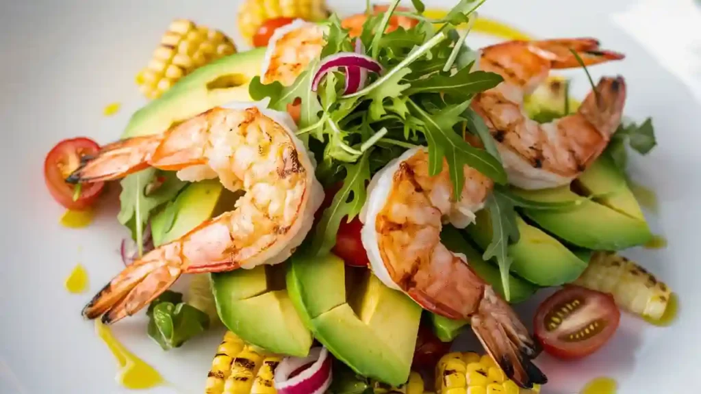 Grilled shrimp served in halved avocados topped with herbs and colorful garnishes.