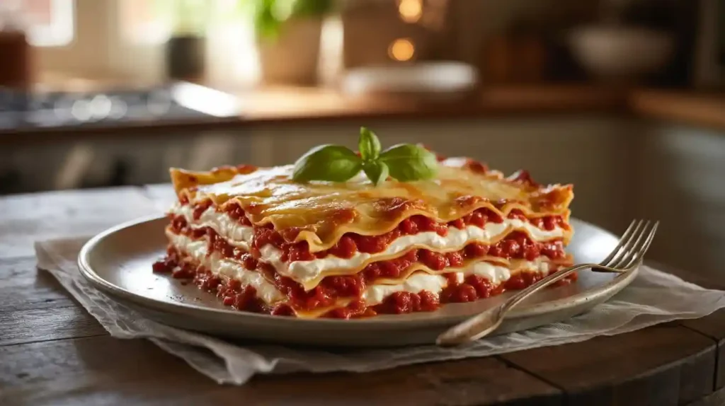 Comfort Food Lasagna on a White Plate