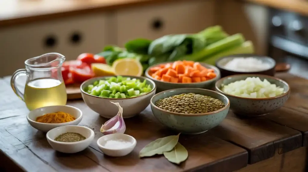 Fresh Lentil Soup Ingredients on a Wooden Board