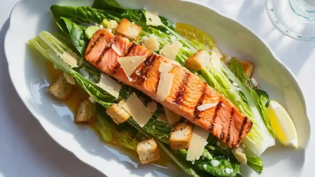 Close-Up of Salmon Caesar Salad with Lemon Garlic Salmon