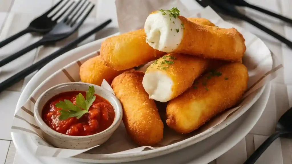 Golden Fried Mozzarella Sticks with Marinara Dip