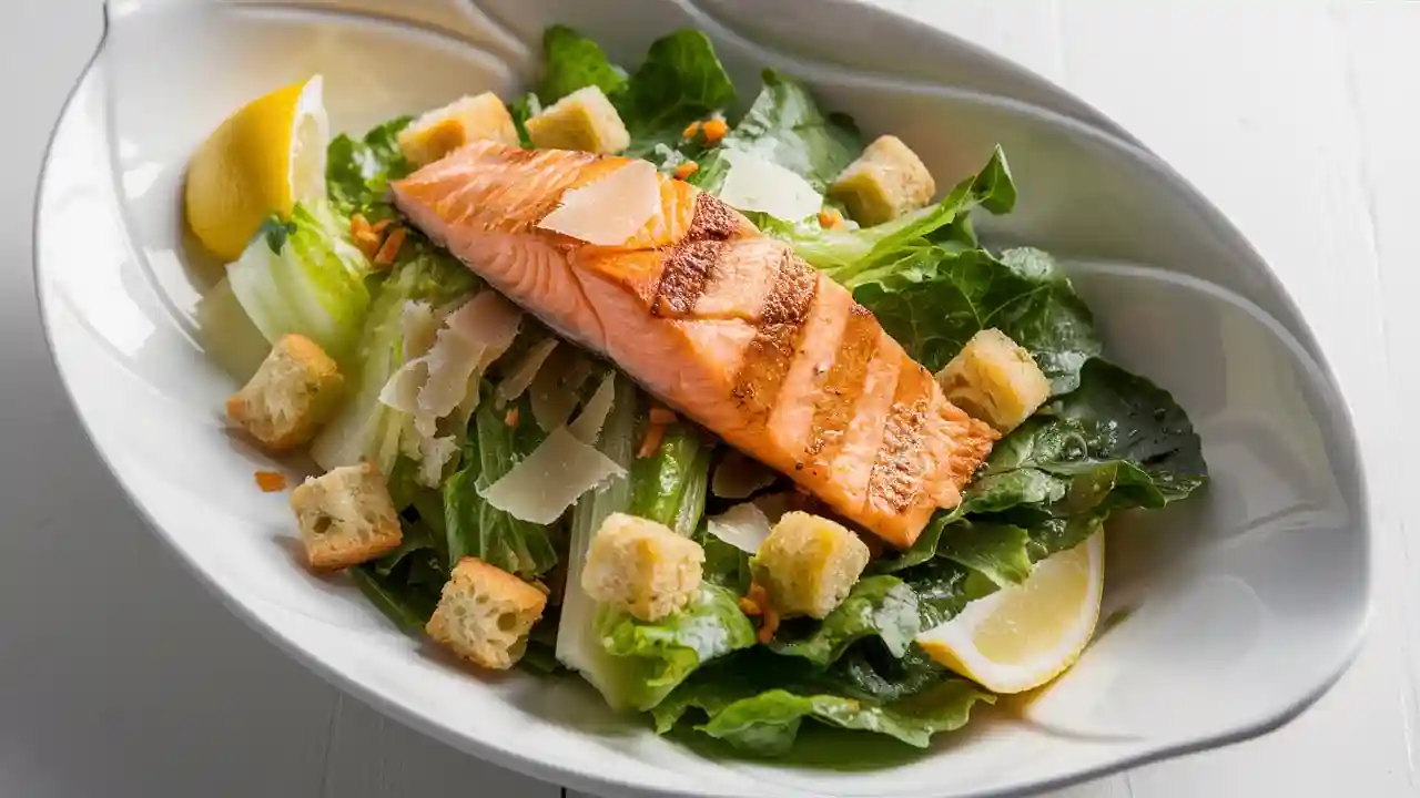 Fresh Salmon Caesar Salad with Parmesan and Croutons