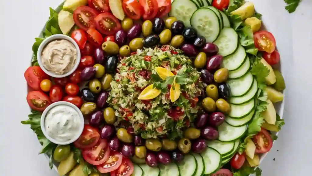 Colorful Tabbouleh Platter with Fresh Vegetables and Dips