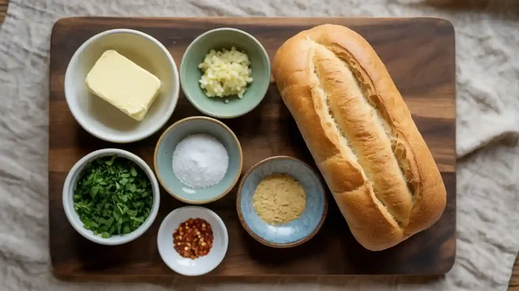 Vegan Garlic Bread Ingredients Laid Out Neatly