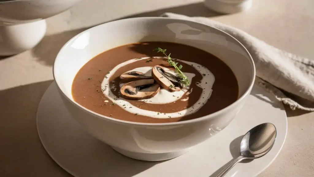 Bowl of gourmet mushroom soup with herb garnish and toasted bread on the side