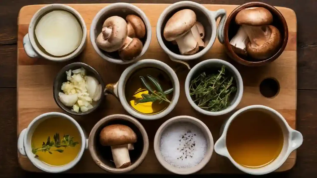 Fresh mushroom soup ingredients arranged on a white countertop, including mushrooms, garlic, onions, herbs, and broth