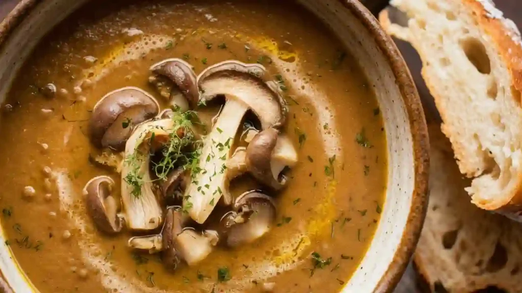 Creamy mushroom soup garnished with thyme and mushroom slices in a white ceramic bowl