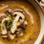 Creamy mushroom soup garnished with thyme and mushroom slices in a white ceramic bowl