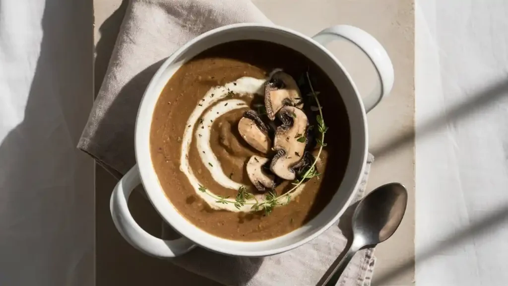 Creamy mushroom soup in a white bowl with fresh herbs and sliced mushrooms on top