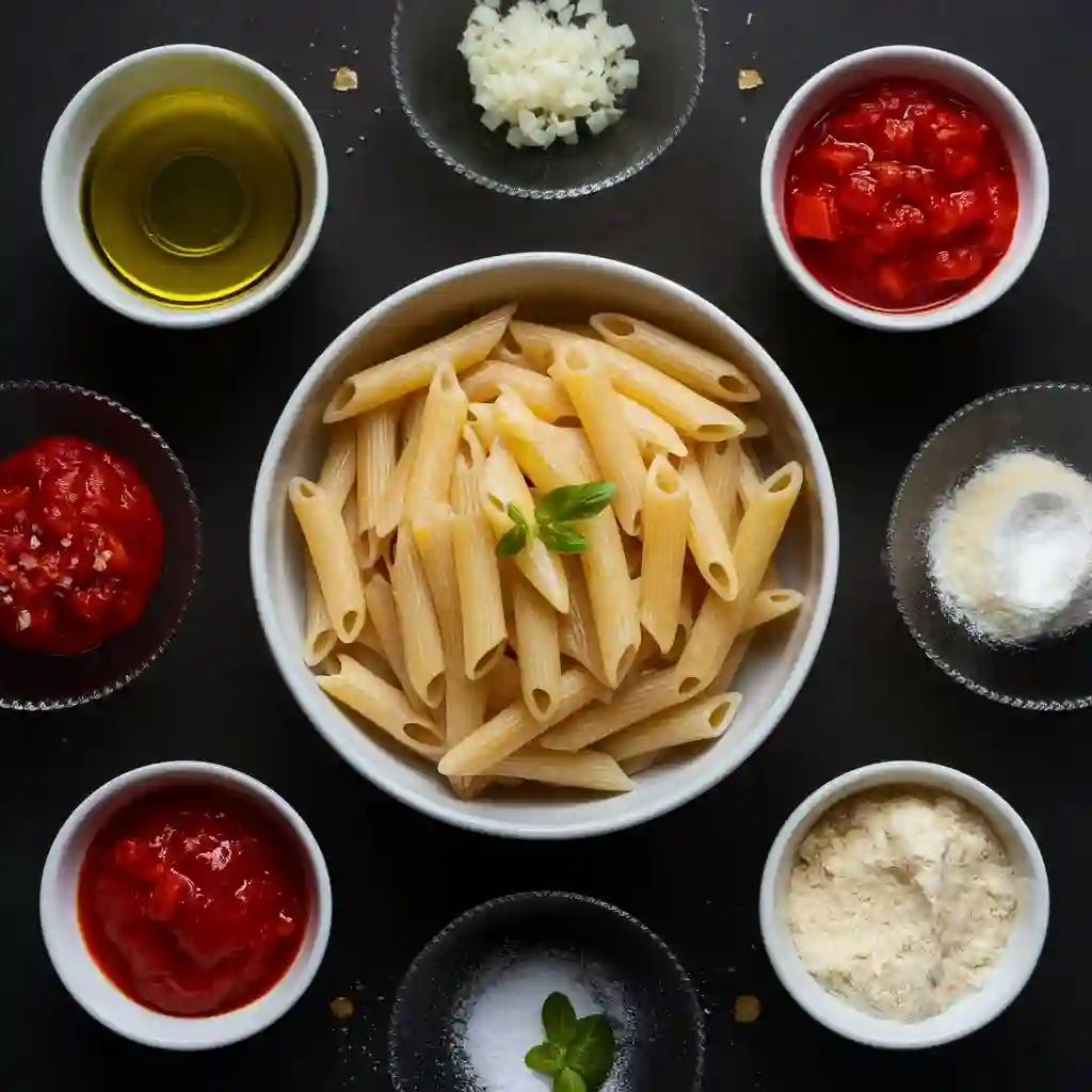 Ingredients for making penne pasta dish, including uncooked penne, olive oil, garlic, cherry tomatoes, fresh basil, Parmesan cheese, and seasonings.