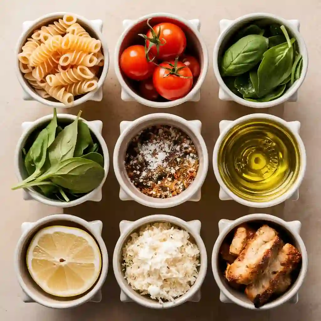 Flat lay of brown rice pasta ingredients including pasta, cherry tomatoes, spinach, garlic, basil, olive oil, and seasonings arranged neatly on a countertop.