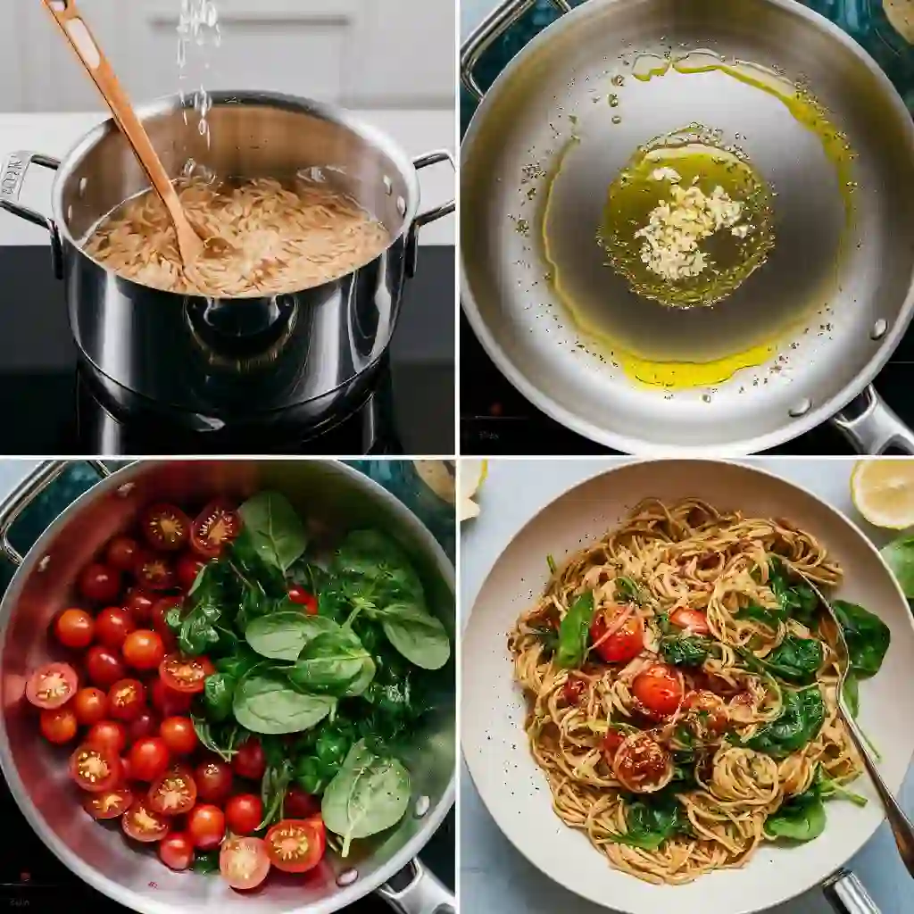 Step-by-step process of cooking brown rice pasta with sautéed garlic, cherry tomatoes, spinach, and basil in a pan.