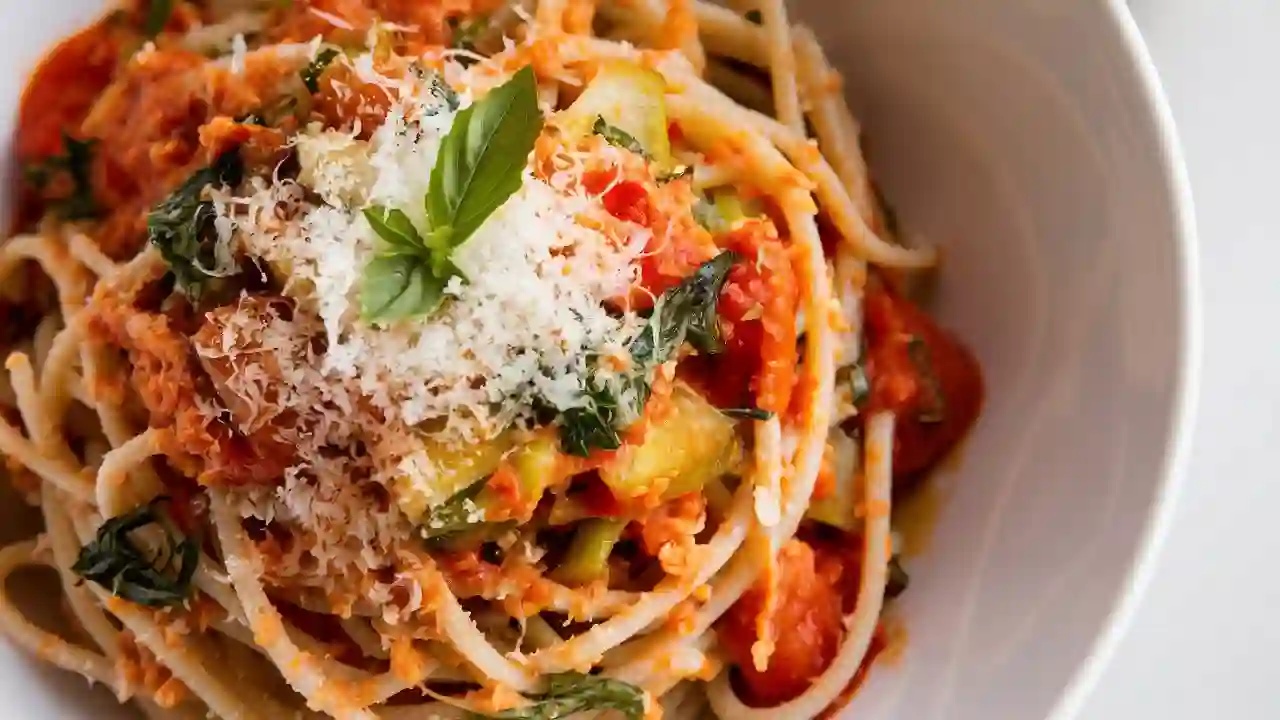 A bowl of brown rice pasta with sautéed cherry tomatoes, spinach, and fresh basil, served on a modern white plate.