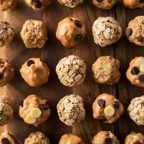 Homemade energy bites on a wooden board, made with oats, nut butter, chia seeds, and chocolate chips.