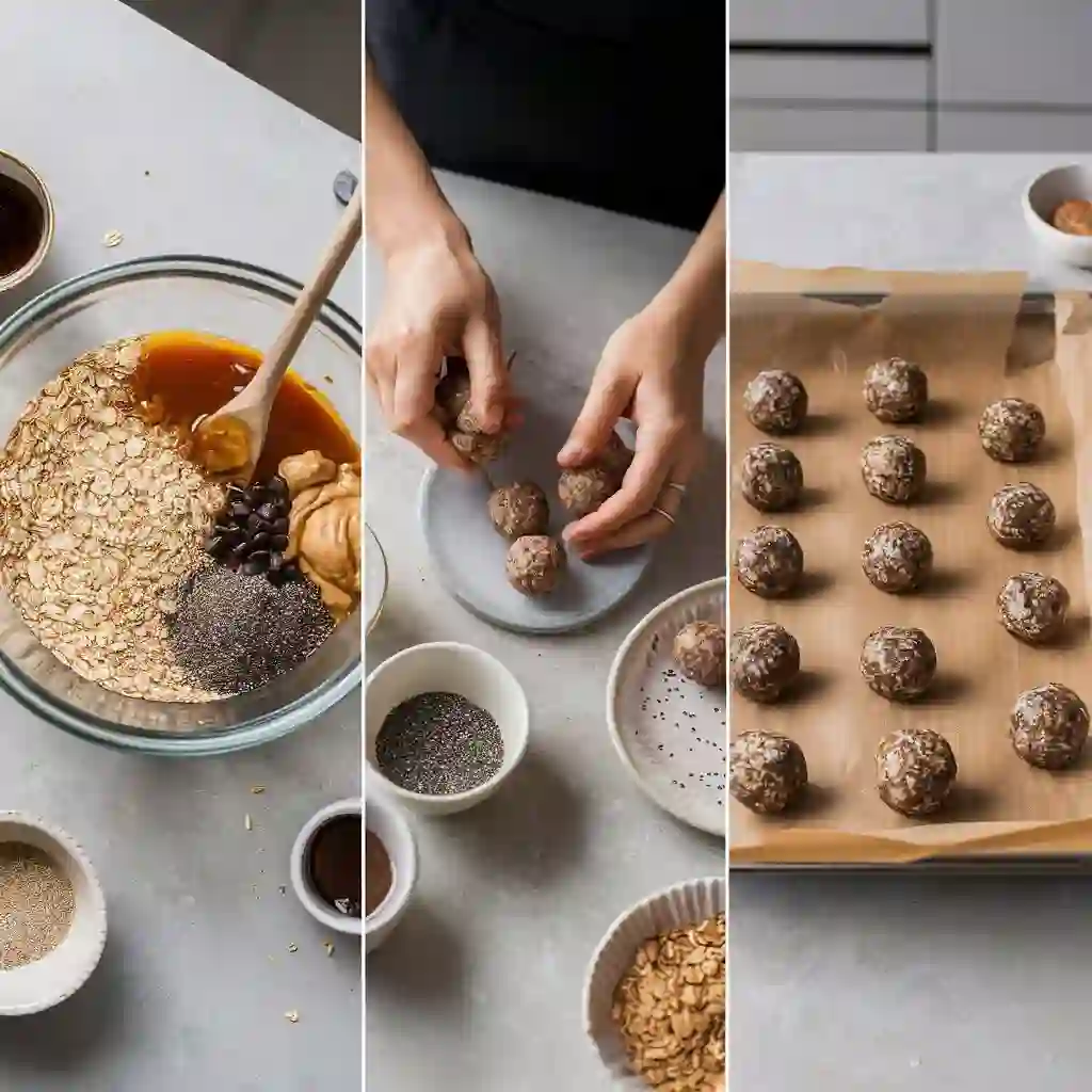 Step-by-step visuals of making energy bites: mixing ingredients in a bowl, forming balls by hand, and placing them on a tray to chill.