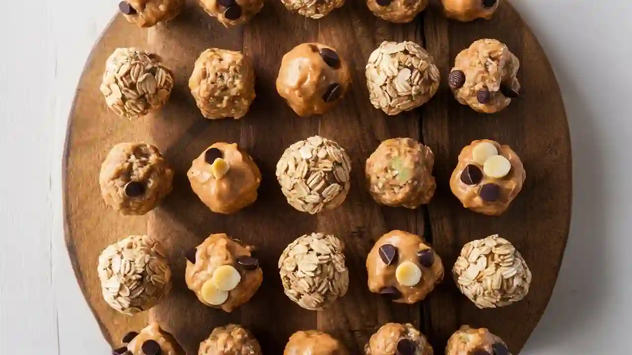 Homemade energy bites on a wooden board, made with oats, nut butter, chia seeds, and chocolate chips.