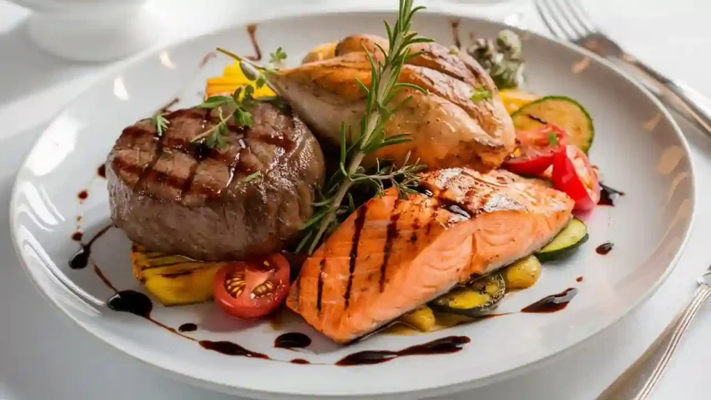 Grilled Beef, Chicken, and Salmon Platter
