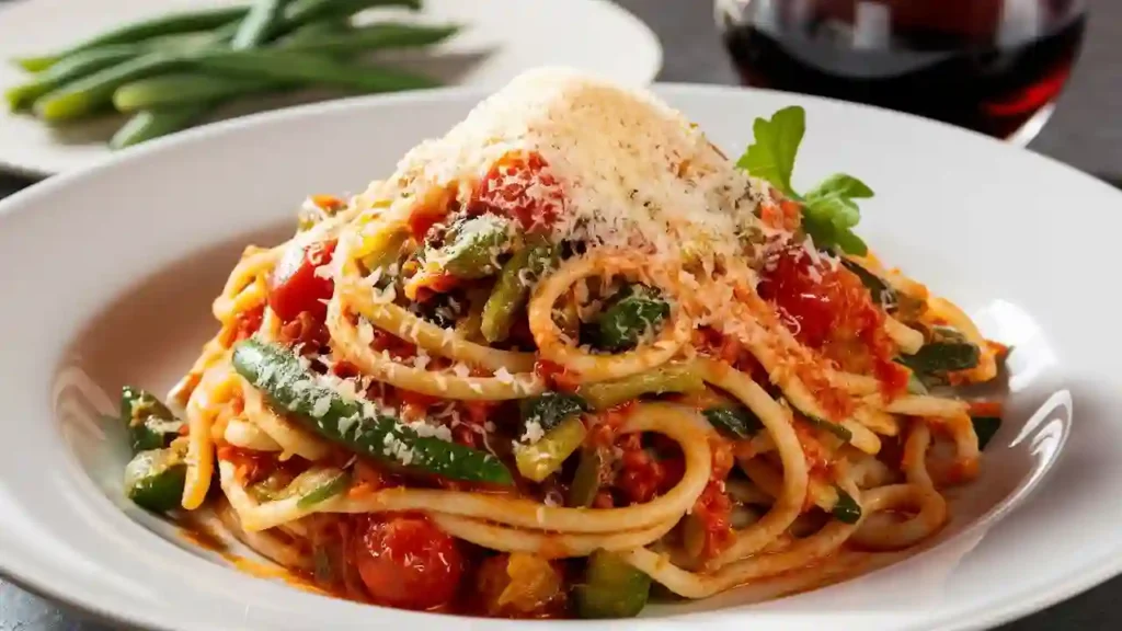 A bowl of cooked brown rice pasta garnished with cherry tomatoes, basil, and a drizzle of olive oil.