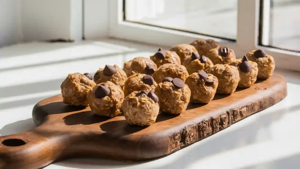 Close-up of stacked energy bites made with oats, seeds, and chocolate chips on a white plate.