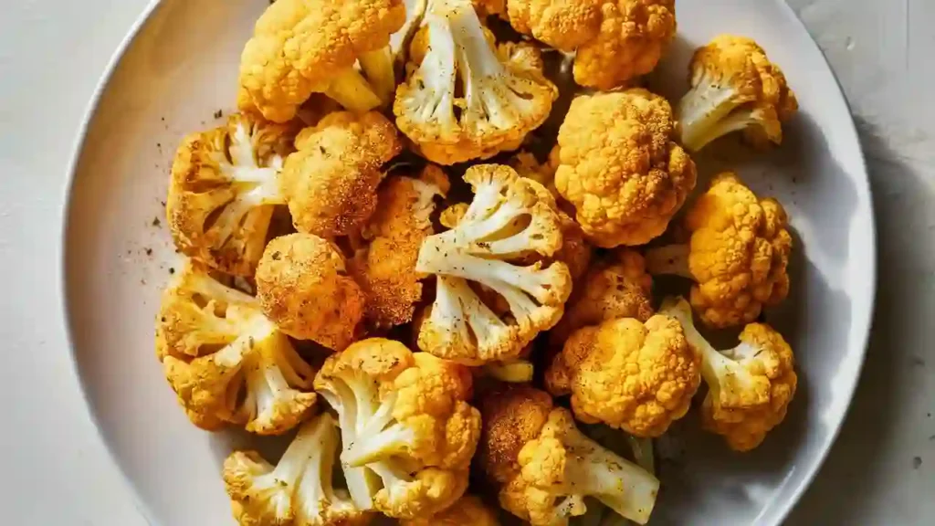 Crispy golden air fryer cauliflower served on a white plate.