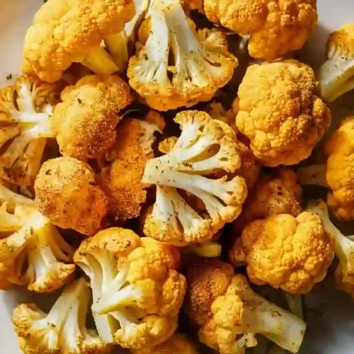 Crispy golden air fryer cauliflower served on a white plate.