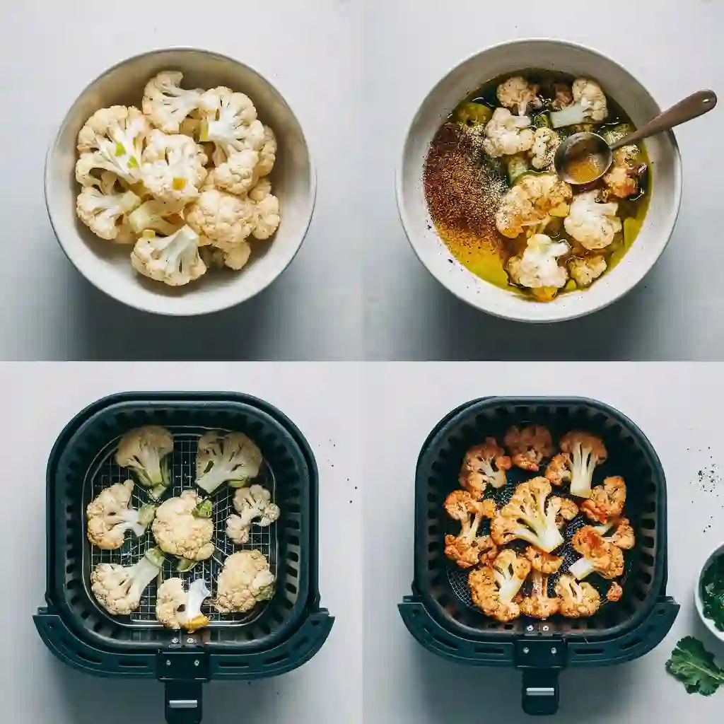 Cauliflower florets tossed with spices placed in an air fryer basket, cooking until golden and crispy.